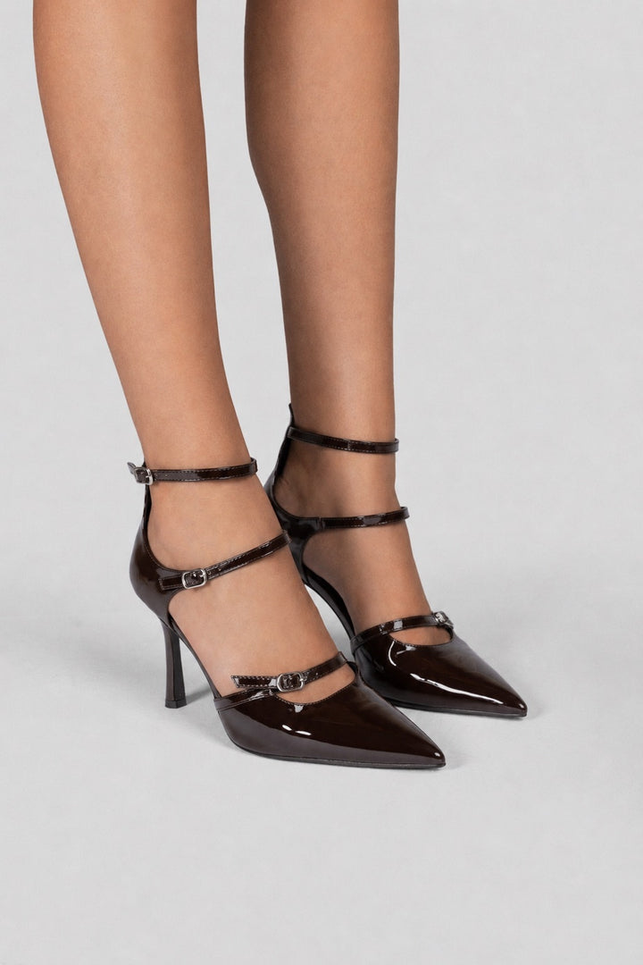Triple-Strap Pointed Patent Pumps - Brown