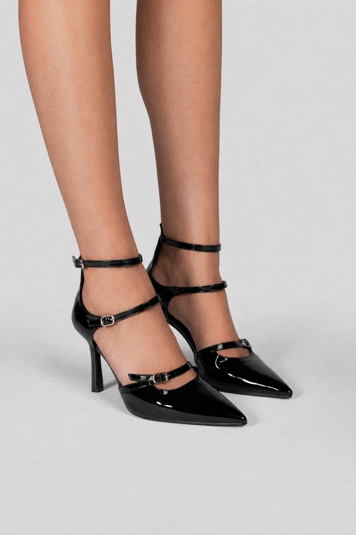 Triple-Strap Pointed Patent Pumps - Black