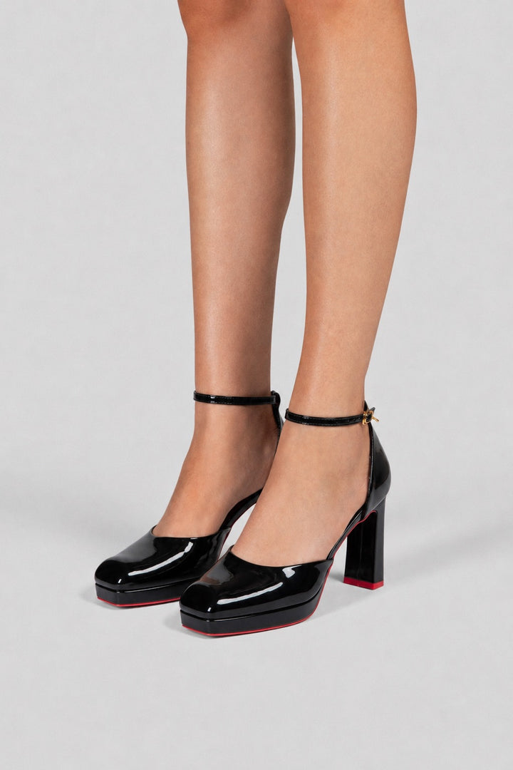 Round Toe Platform Ankle Strap Pumps - Black