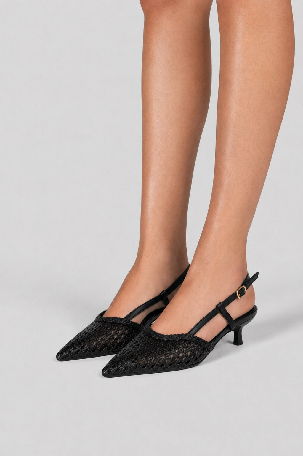 Woven Slingback Kitten Heels - Black