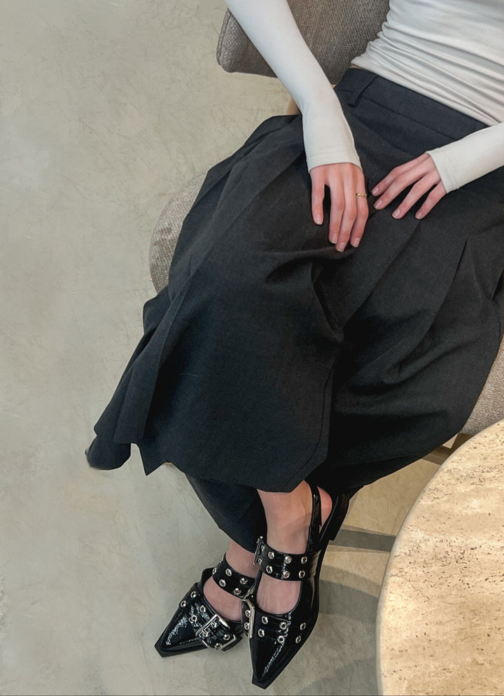 Lana Slingback Buckle Pointy Flats | Glossy Black