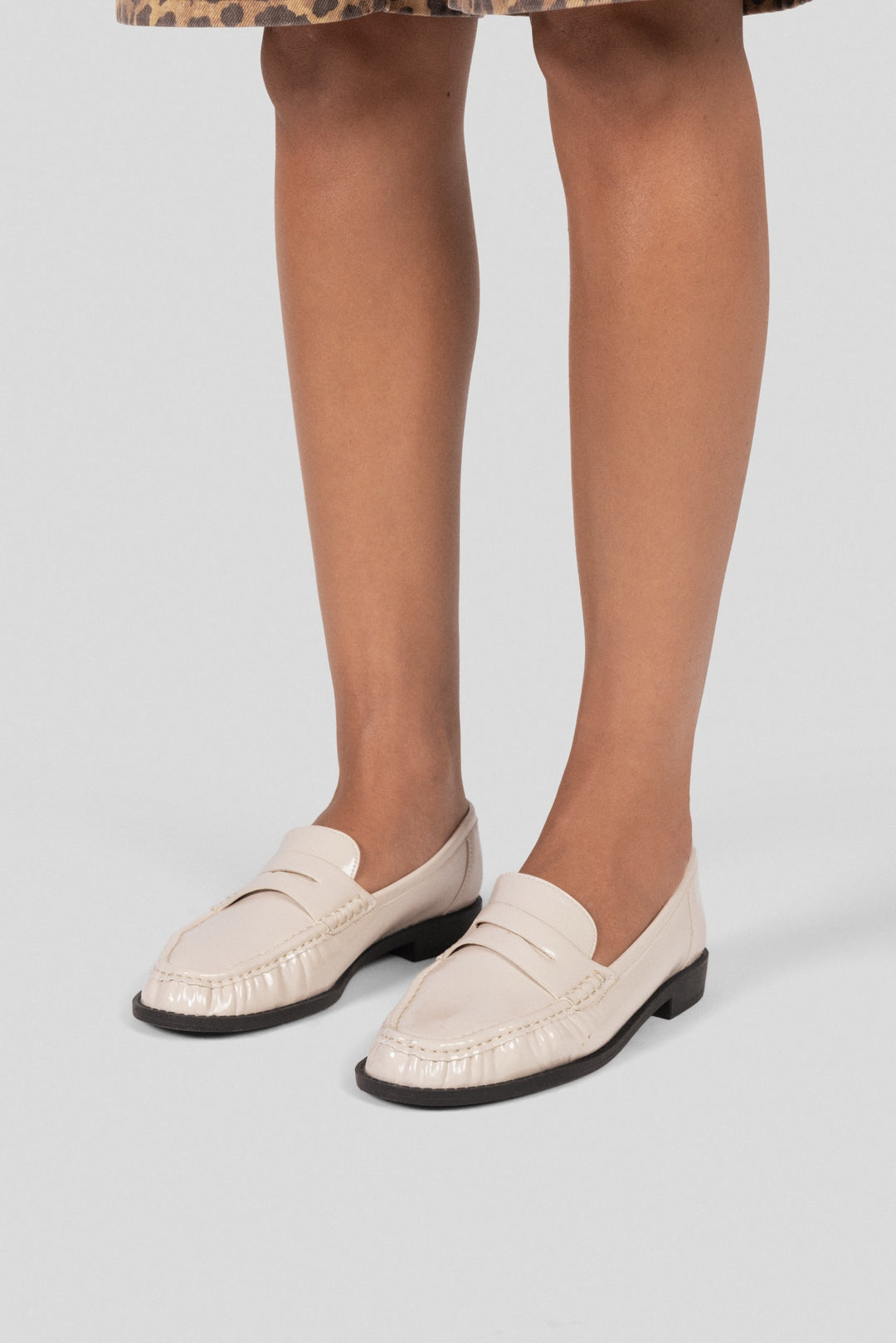 Patent Crinkle Penny Loafers - Beige