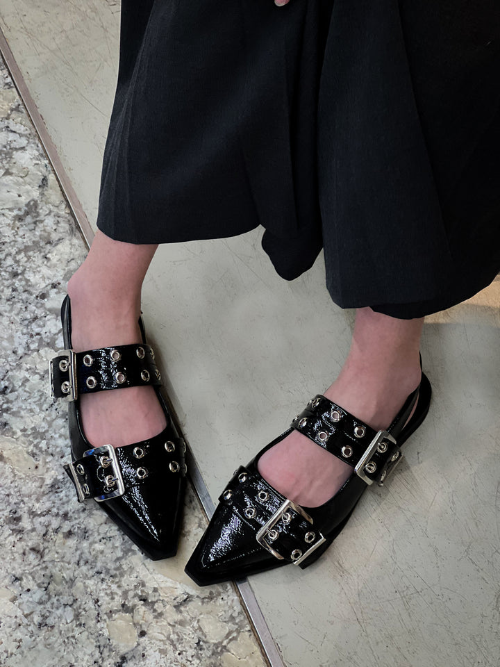 Lana Slingback Buckle Pointy Flats | Glossy Black