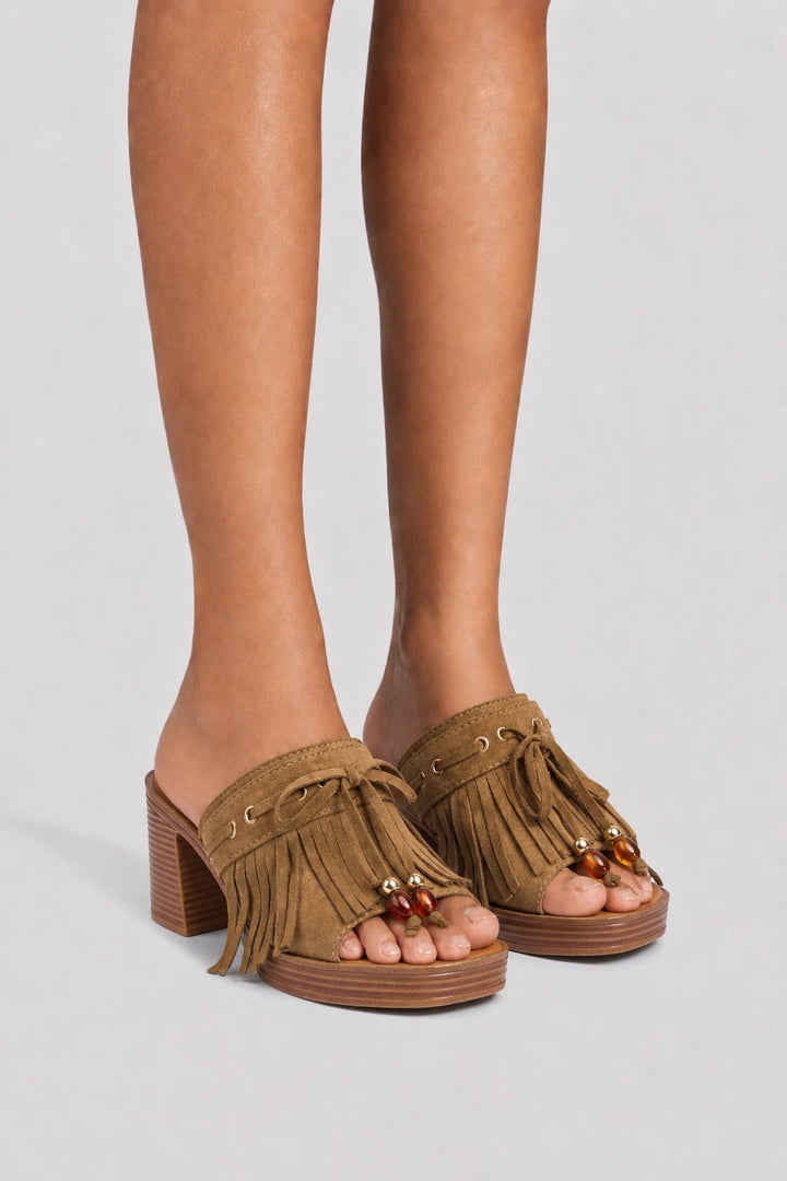 Suede Fringe Platform Sandals - Café