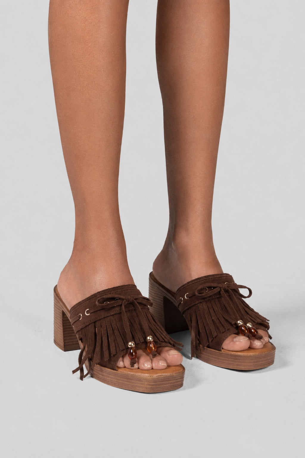 Suede Fringe Platform Sandals - Brown