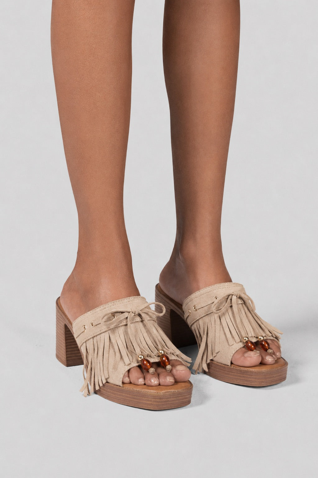 Suede Fringe Platform Sandals - Beige