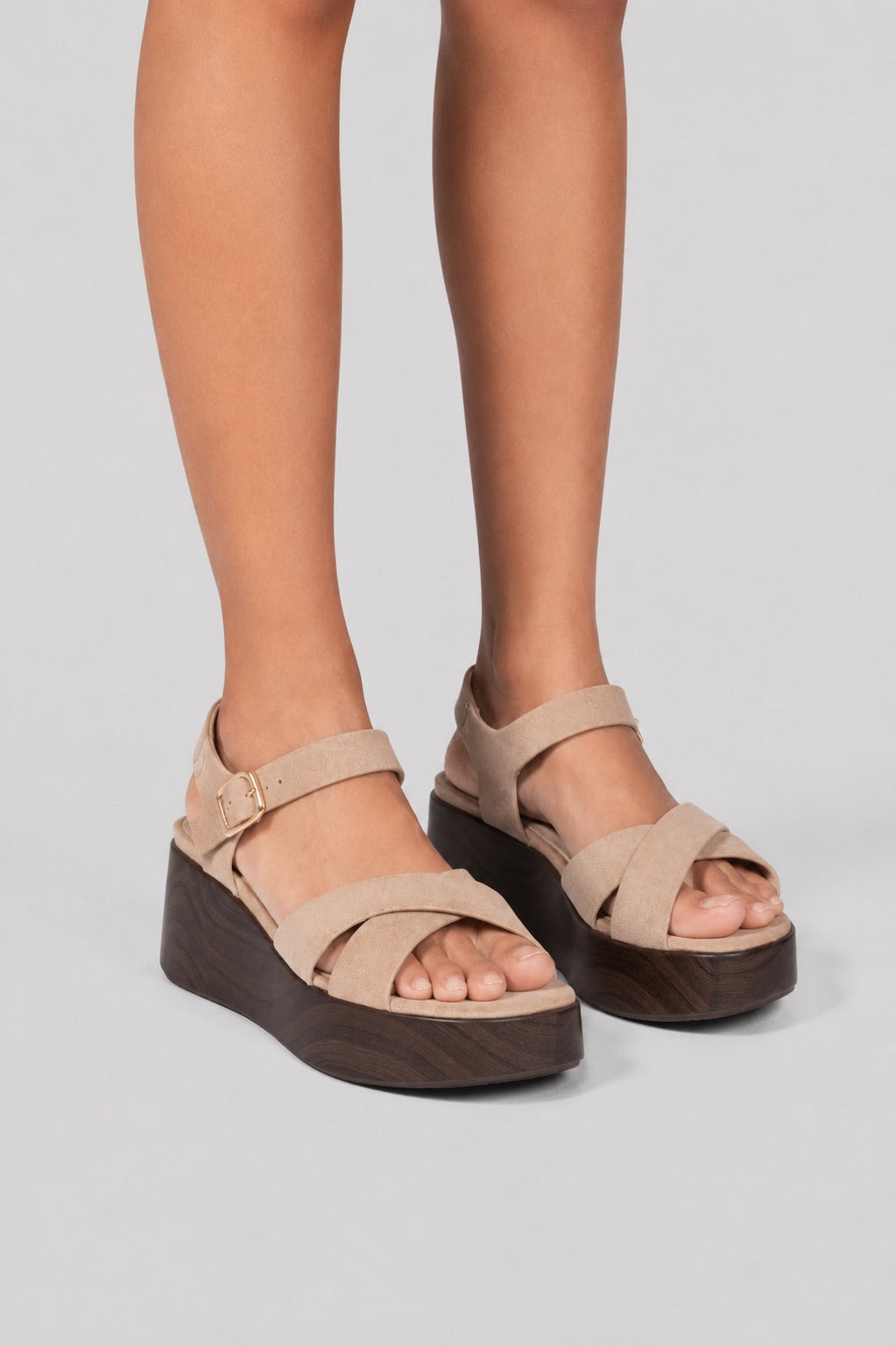 Suede Crisscross Flatform Sandals - Beige
