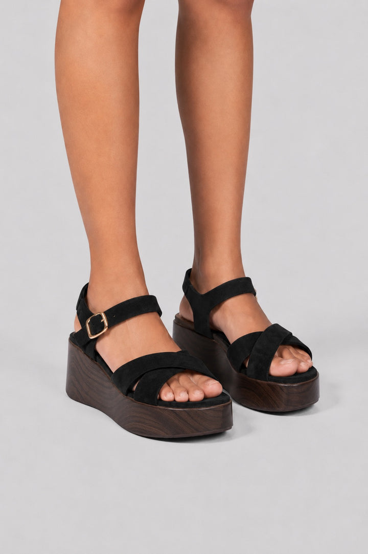 Suede Crisscross Flatform Sandals - Black