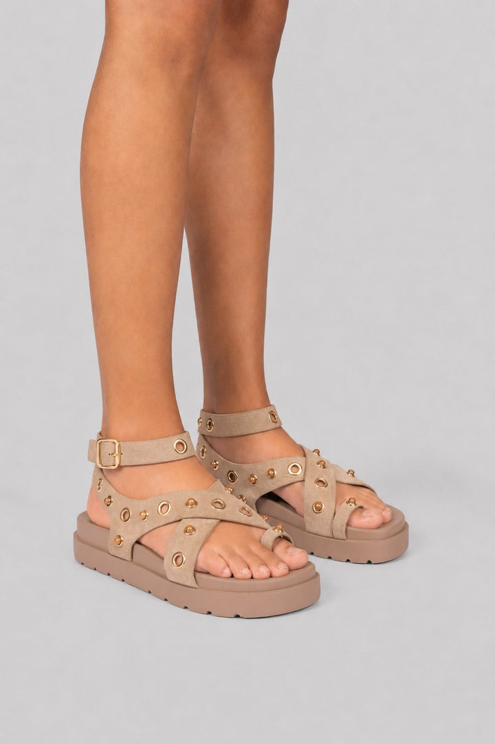 Chunky Suede Platform Crisscross Studded Sandals - Beige