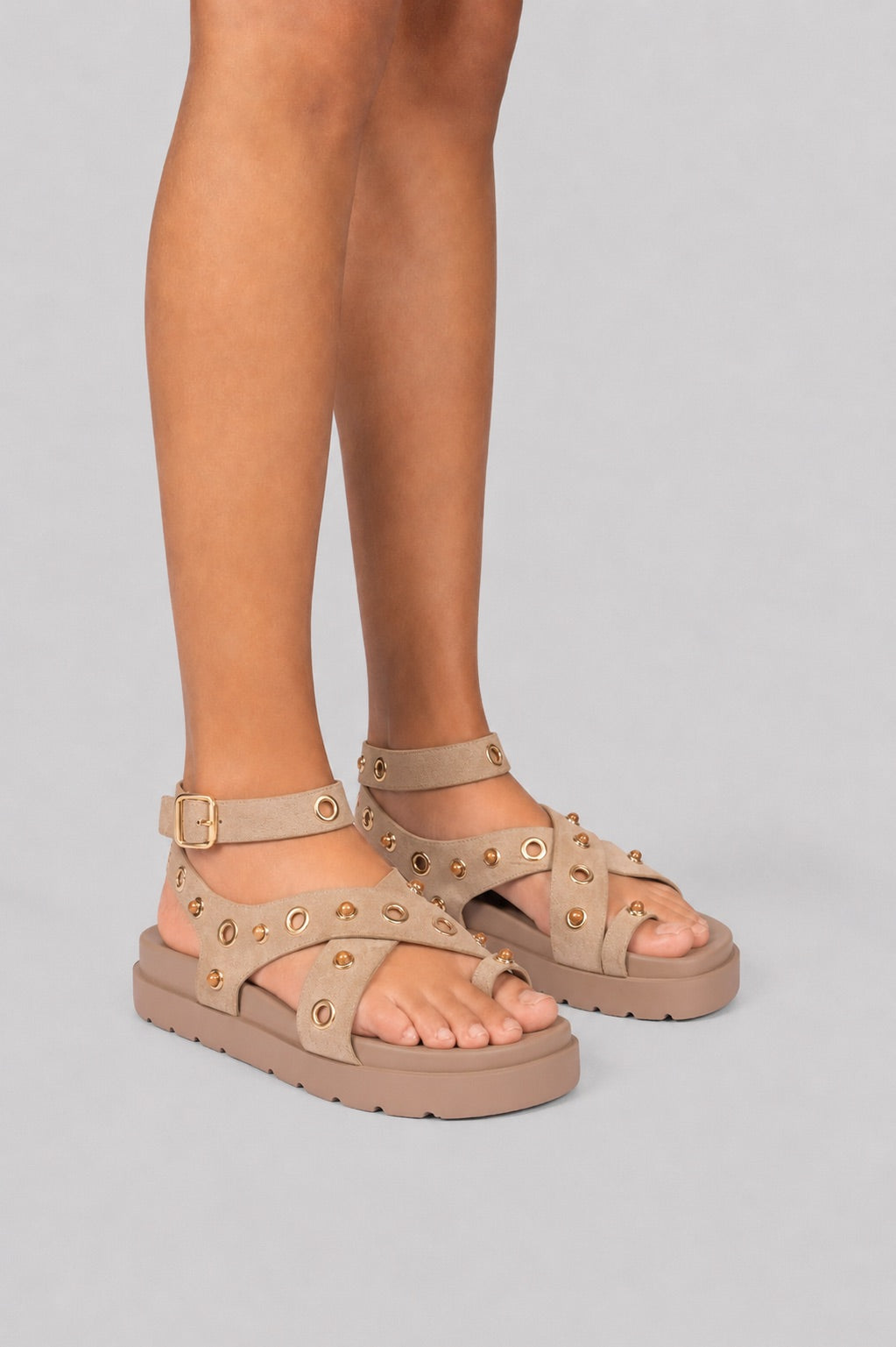 Chunky Suede Platform Crisscross Studded Sandals - Beige