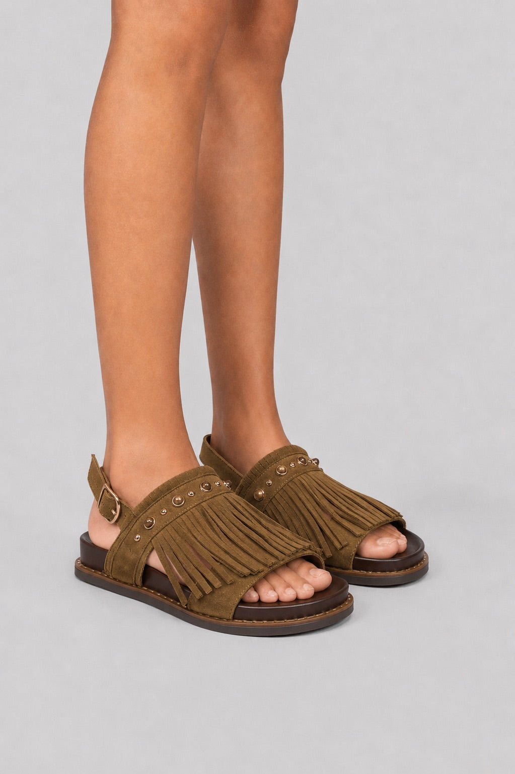Suede Fringe Flat Sandals - Café
