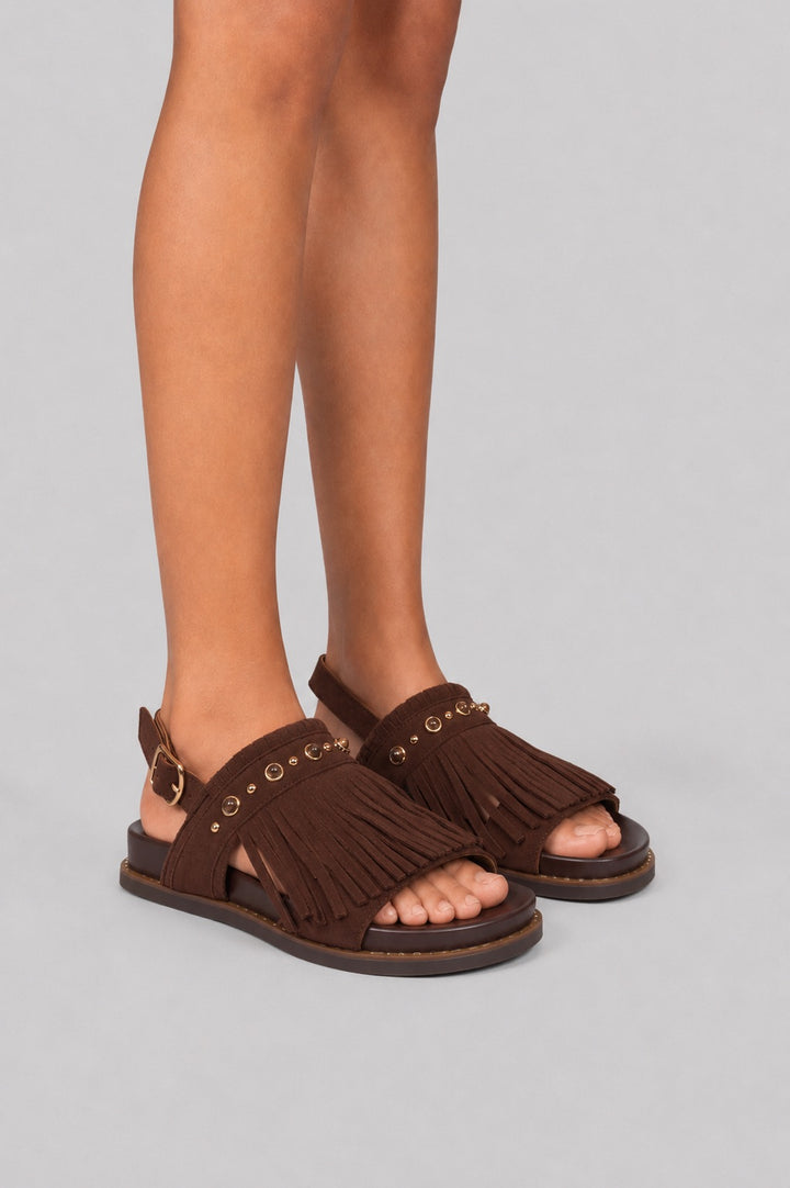 Suede Fringe Flat Sandals - Brown