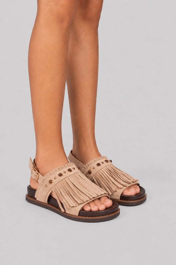 Suede Fringe Flat Sandals - Beige