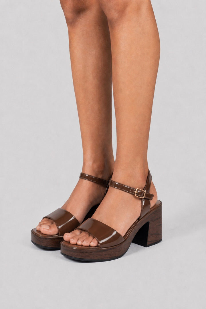 Patent Platform Block-Heel Sandals - Brown