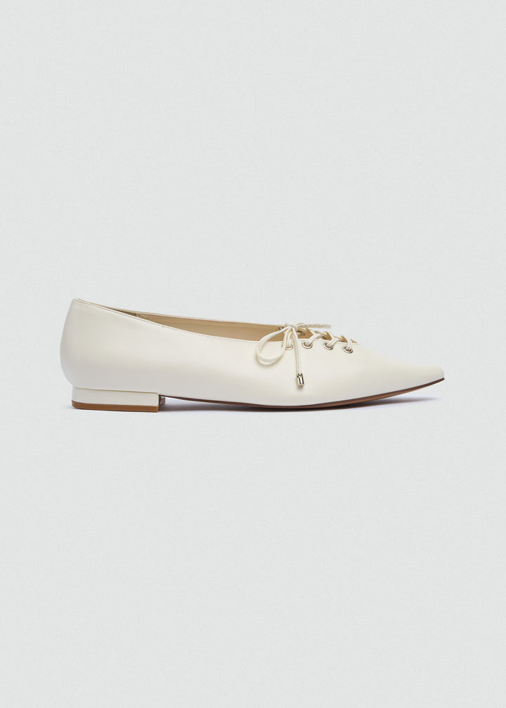 Lace-Up Bow Pointed Ballet Flats - Beige