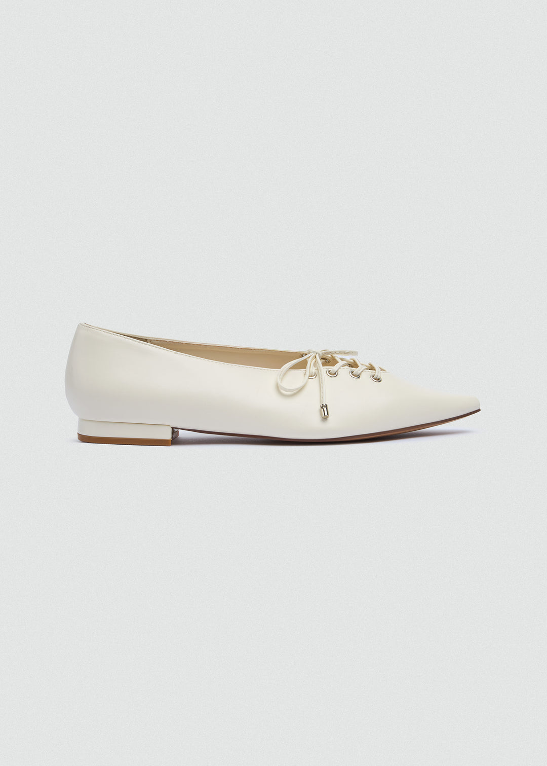 Lace-Up Bow Pointed Ballet Flats - Beige