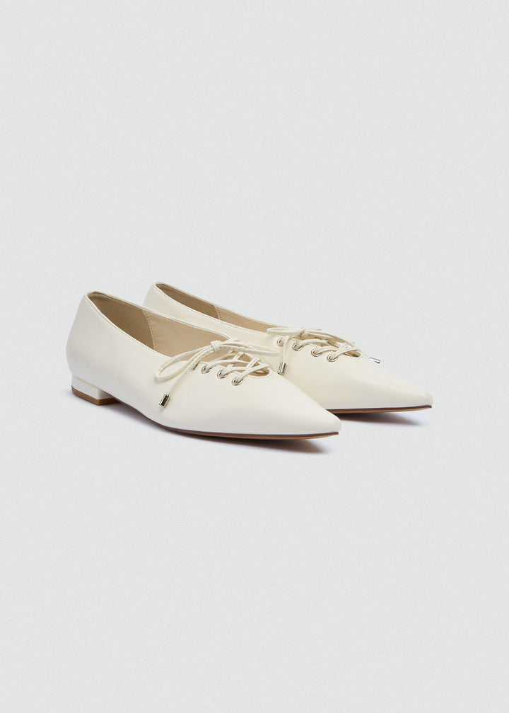 Lace-Up Bow Pointed Ballet Flats - Beige