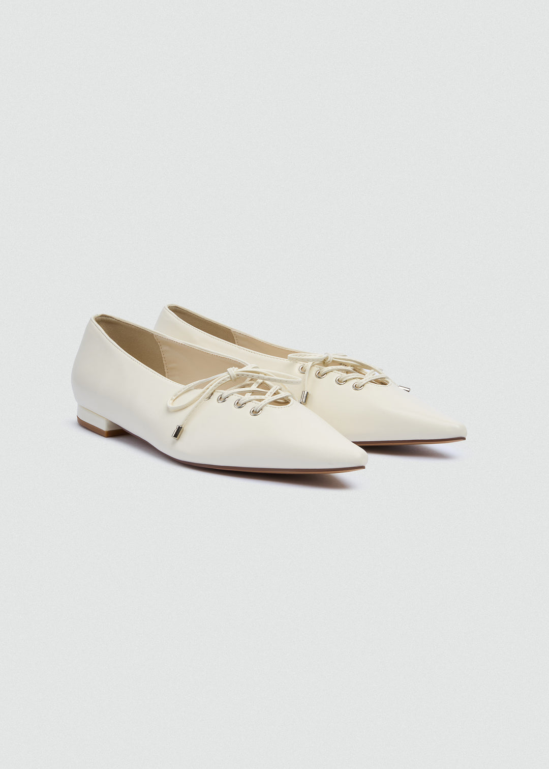 Lace-Up Bow Pointed Ballet Flats - Beige