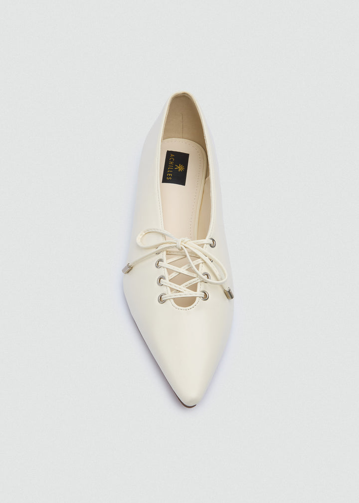 Lace-Up Bow Pointed Ballet Flats - Beige