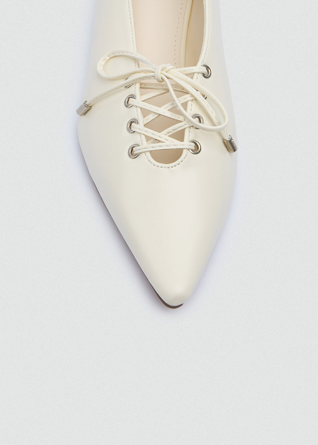 Lace-Up Bow Pointed Ballet Flats - Beige