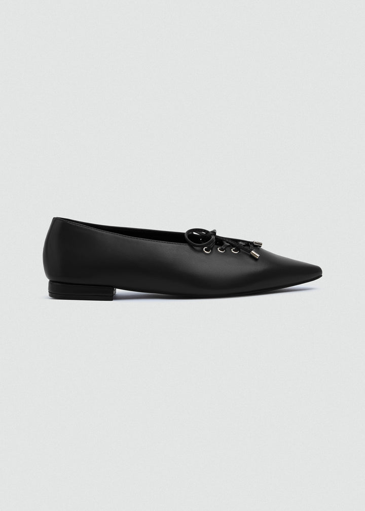 Lace-Up Bow Pointed Ballet Flats - Black