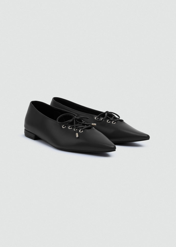 Lace-Up Bow Pointed Ballet Flats - Black