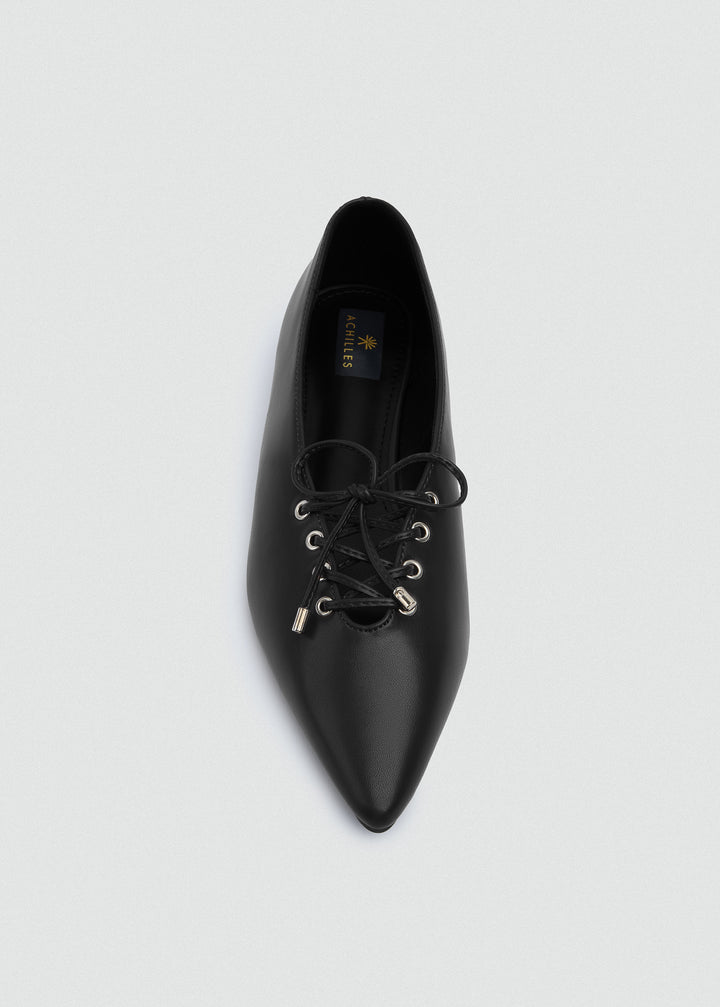 Lace-Up Bow Pointed Ballet Flats - Black