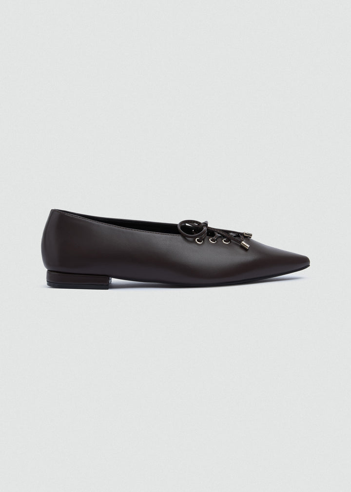 Lace-Up Bow Pointed Ballet Flats - Brown