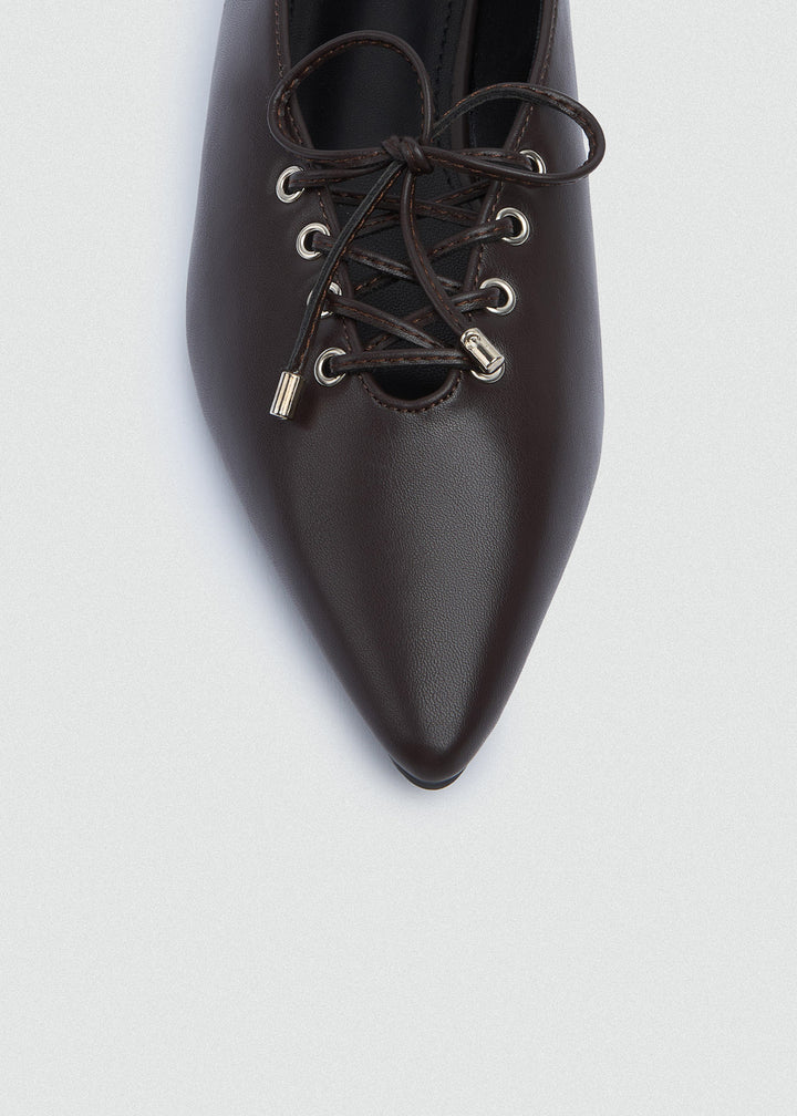 Lace-Up Bow Pointed Ballet Flats - Brown