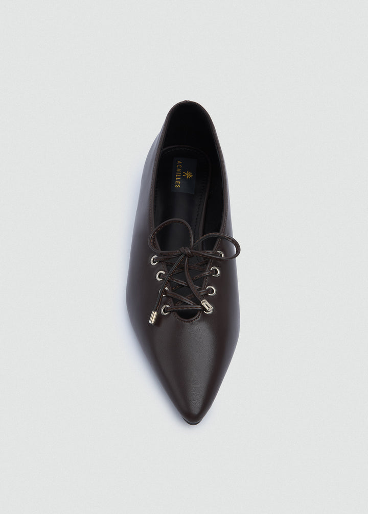 Lace-Up Bow Pointed Ballet Flats - Brown