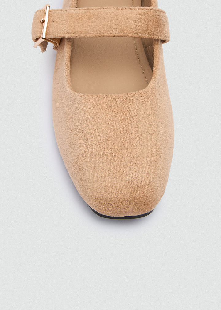 Buckle Strap Mary Jane Flats - Faux Suede - Beige