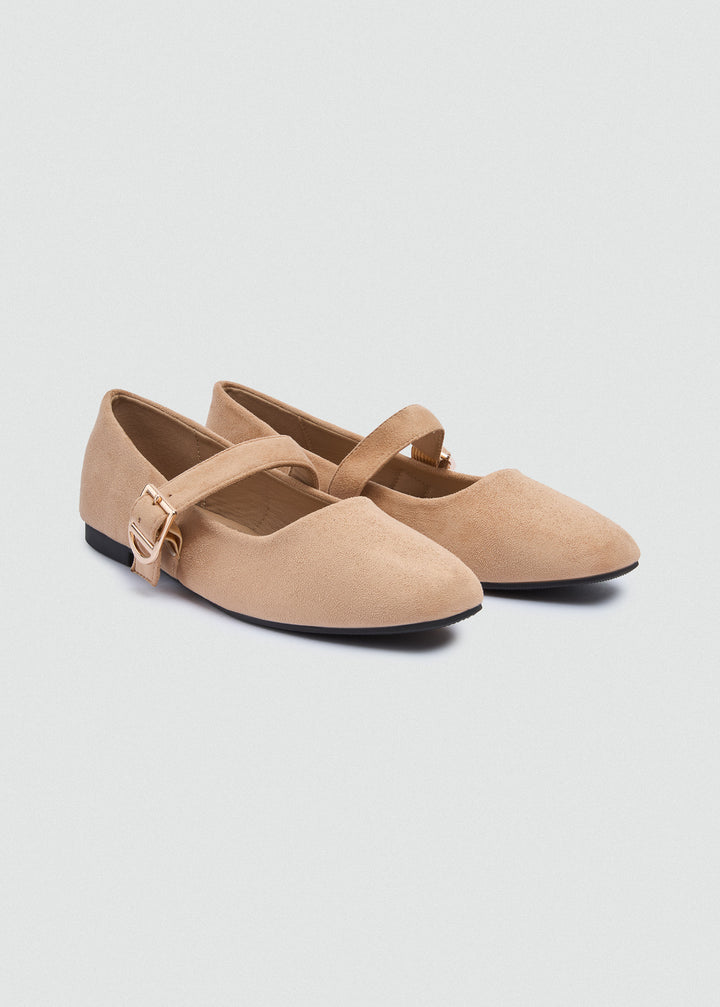 Buckle Strap Mary Jane Flats - Faux Suede - Beige