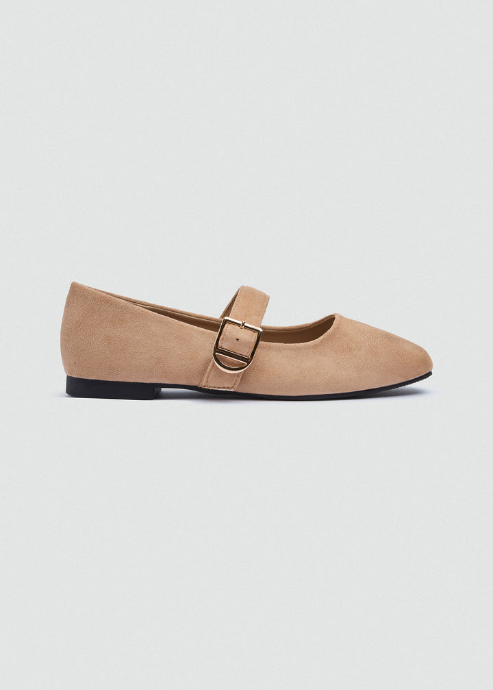 Buckle Strap Mary Jane Flats - Faux Suede - Beige