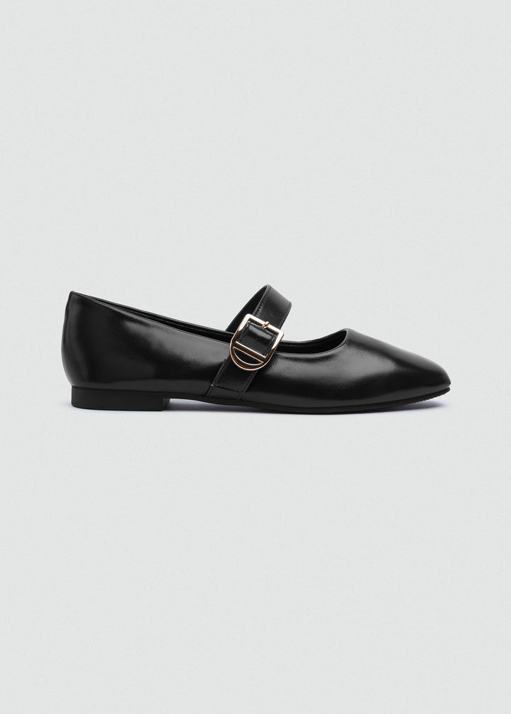 Buckle Strap Mary Jane Flats - Faux Suede - Black