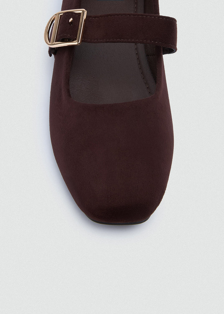 Buckle Strap Mary Jane Flats - Faux Suede - Coffee