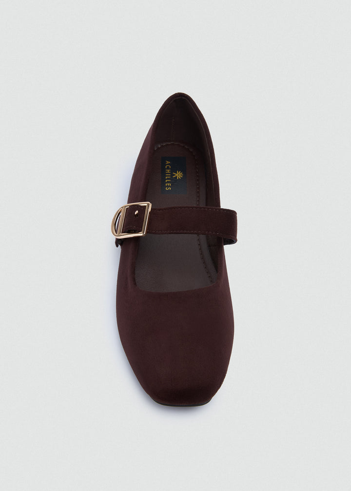 Buckle Strap Mary Jane Flats - Faux Suede - Coffee
