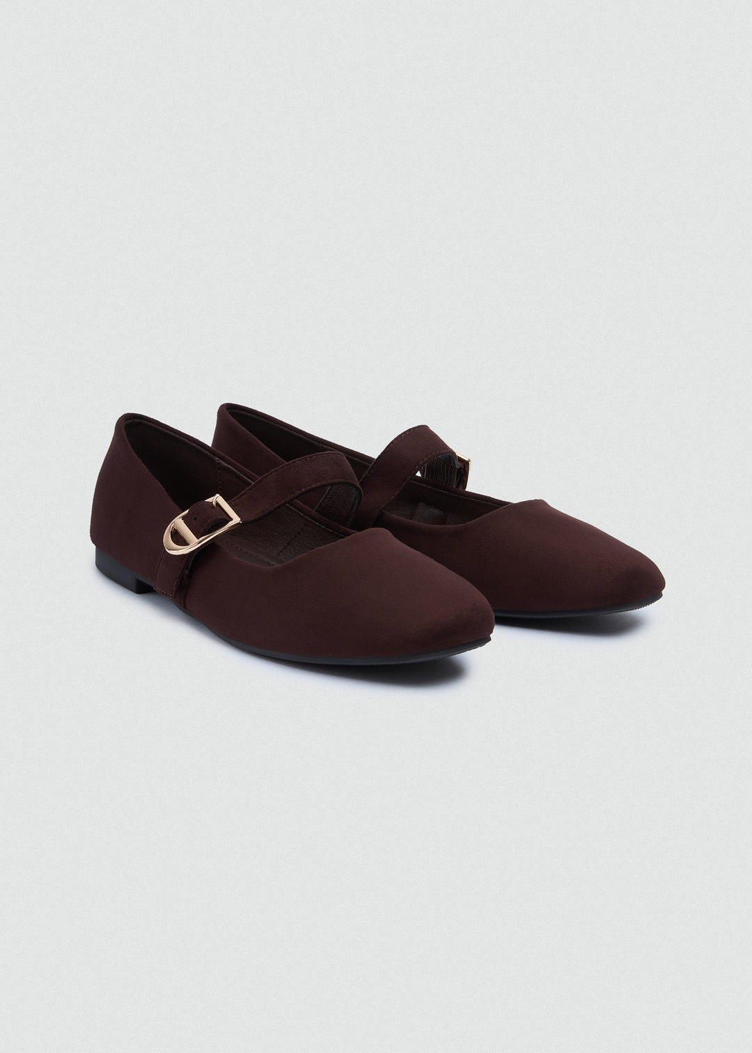 Buckle Strap Mary Jane Flats - Faux Suede - Coffee