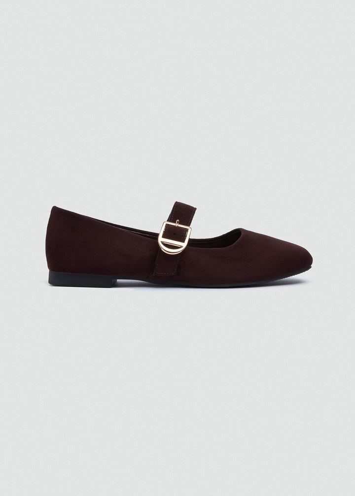 Buckle Strap Mary Jane Flats - Faux Suede - Coffee