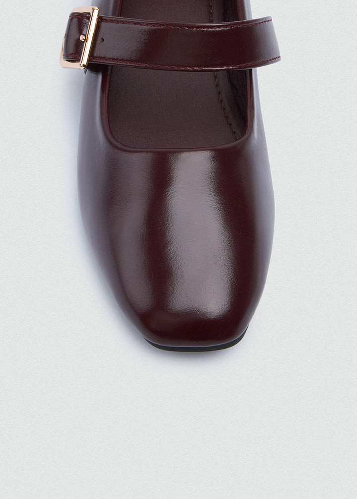 Buckle Strap Mary Jane Flats - Faux Suede - Maroon