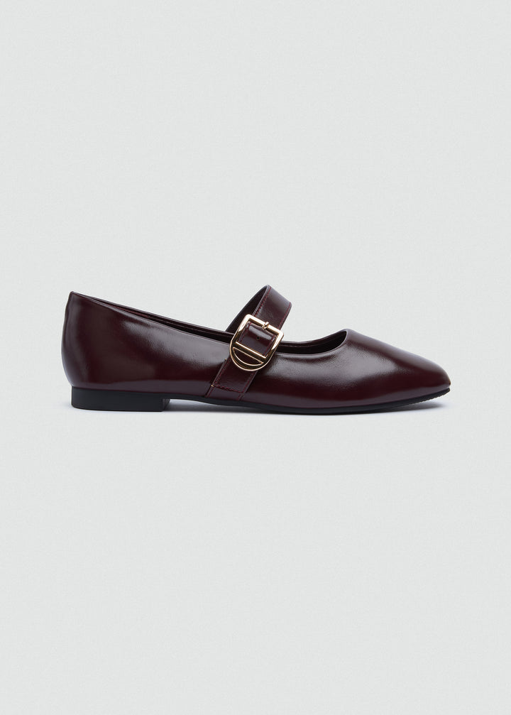 Buckle Strap Mary Jane Flats - Faux Suede - Maroon