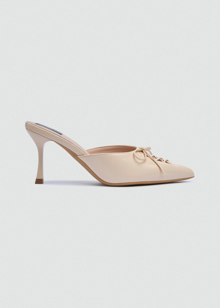 Corset Lace Bow Heeled Mules - Faux Leather - Beige