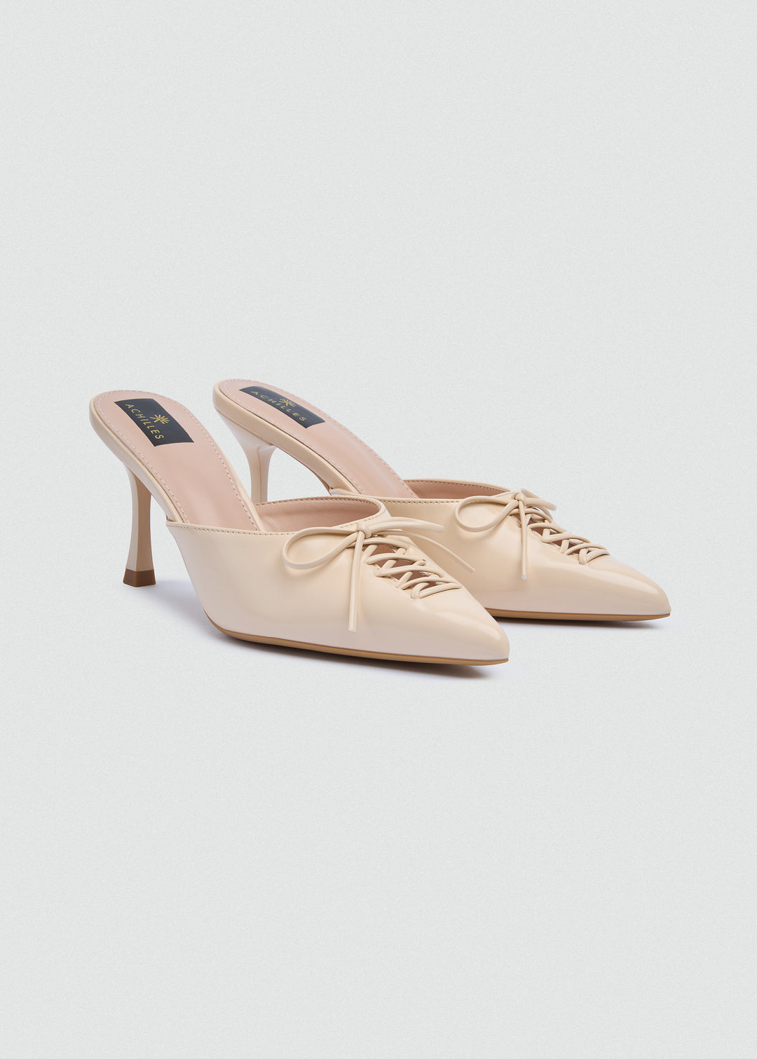 Corset Lace Bow Heeled Mules - Faux Leather - Beige