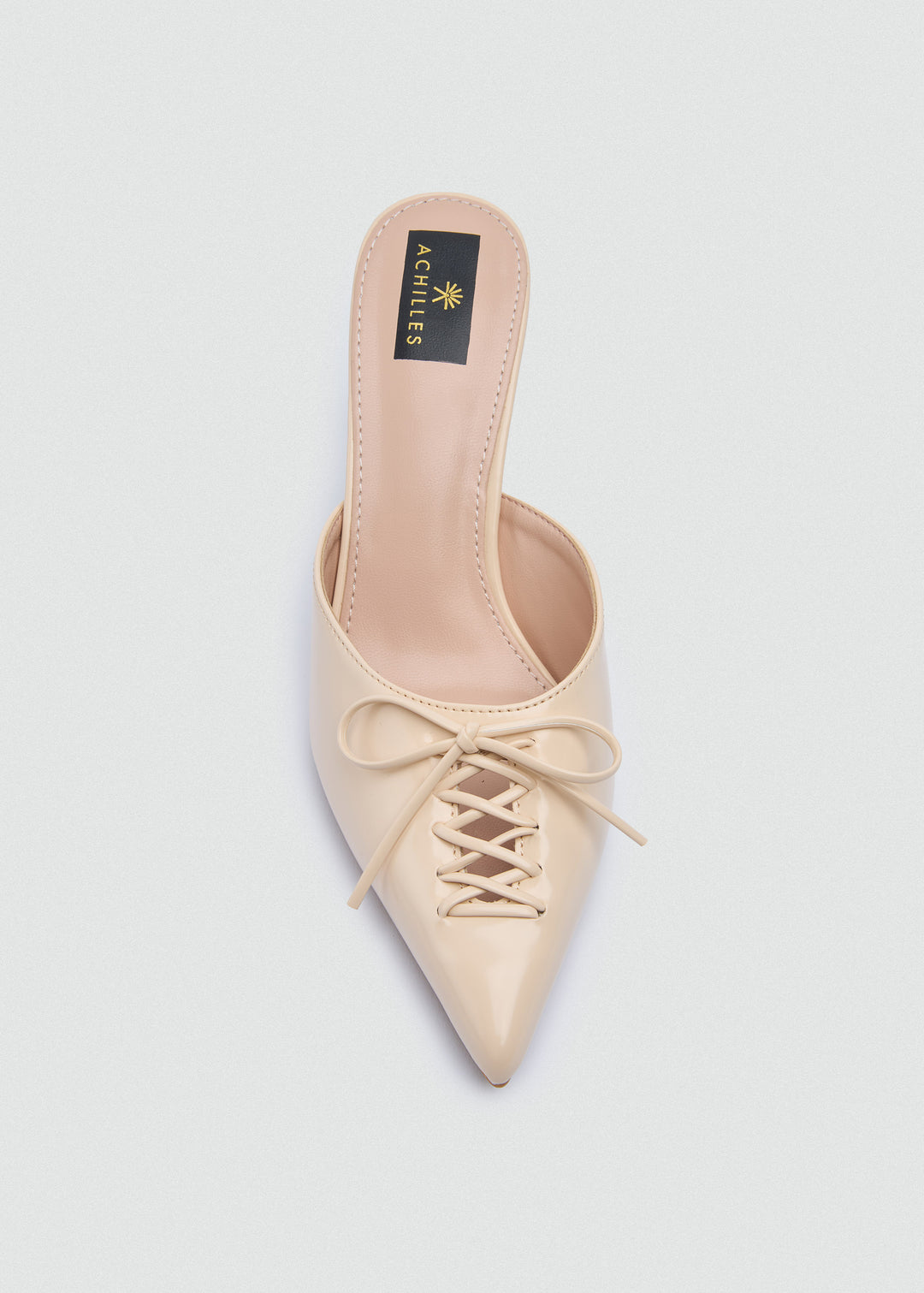Corset Lace Bow Heeled Mules - Faux Leather - Beige