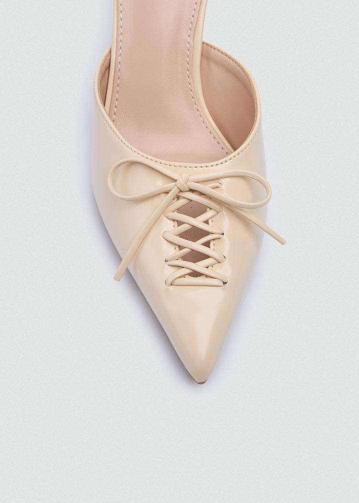 Corset Lace Bow Heeled Mules - Faux Leather - Beige