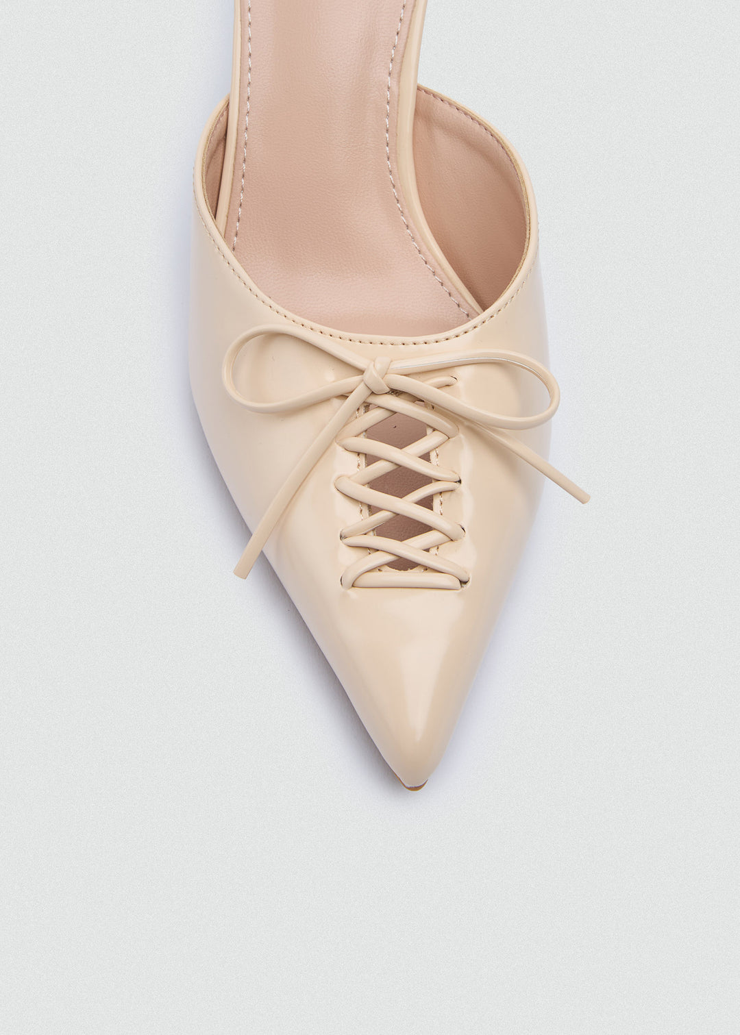 Corset Lace Bow Heeled Mules - Faux Leather - Beige