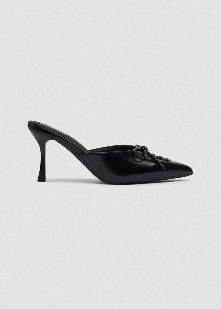 Corset Lace Bow Heeled Mules - Faux Leather - Black