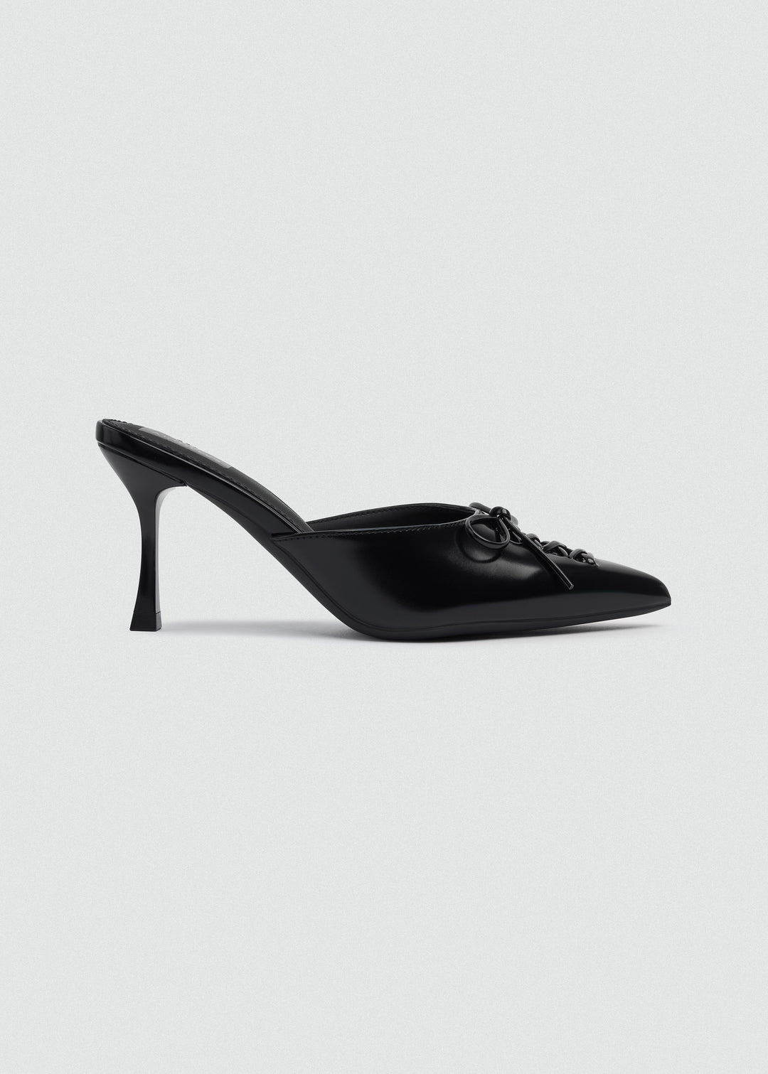 Corset Lace Bow Heeled Mules - Faux Leather - Black
