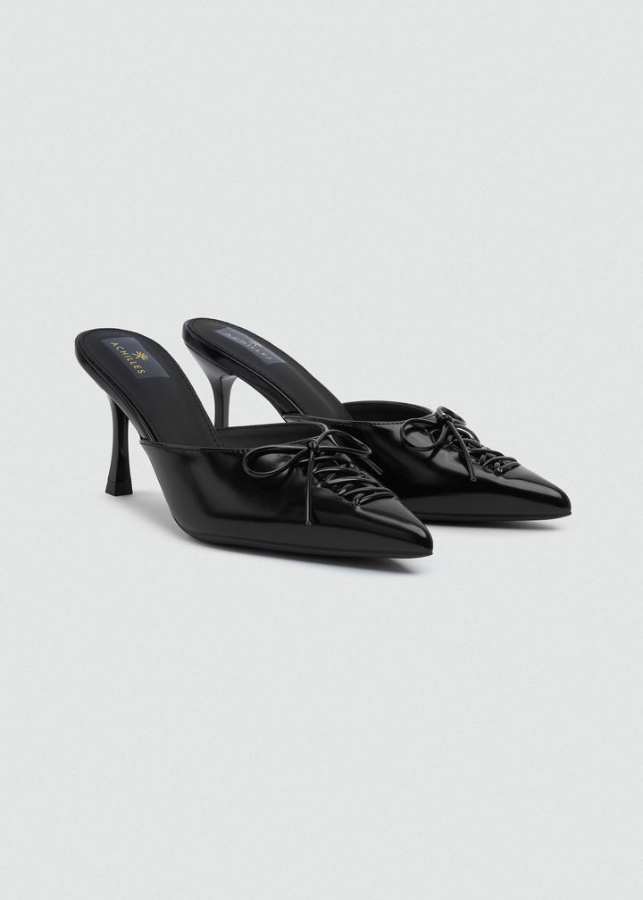 Corset Lace Bow Heeled Mules - Faux Leather - Black