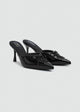 Corset Lace Bow Heeled Mules - Faux Leather - Black