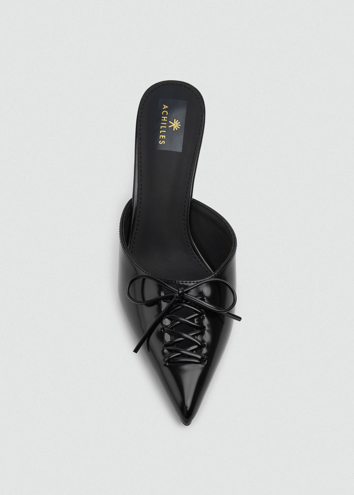 Corset Lace Bow Heeled Mules - Faux Leather - Black
